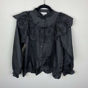 Topshop Frill Ruffle Eyelet Cutout Long Sleeve Button Up Top US Size 4 Black